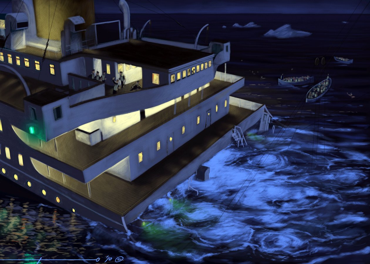 Vy över det transatlantiska linjefartyget Titanic vid tidpunkten för förliset den 14 och 15 april 1912. Illustration av Alesandro Lonati. 2010 av Alessandro Lonati
