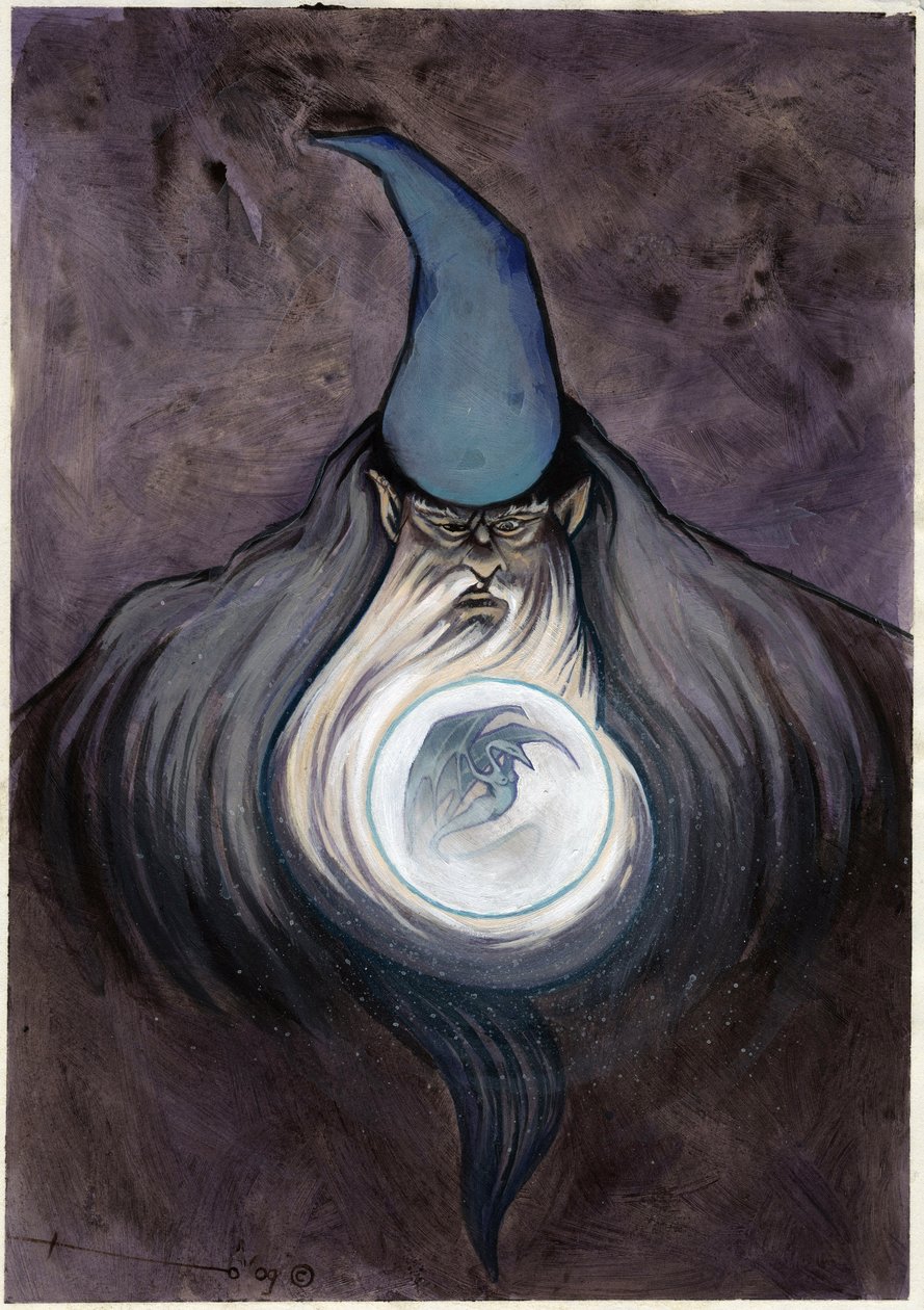 Trollkarl trollkarl med boll som kallar en drake. Färgteckning av Alessandro Lonati. av Alessandro Lonati