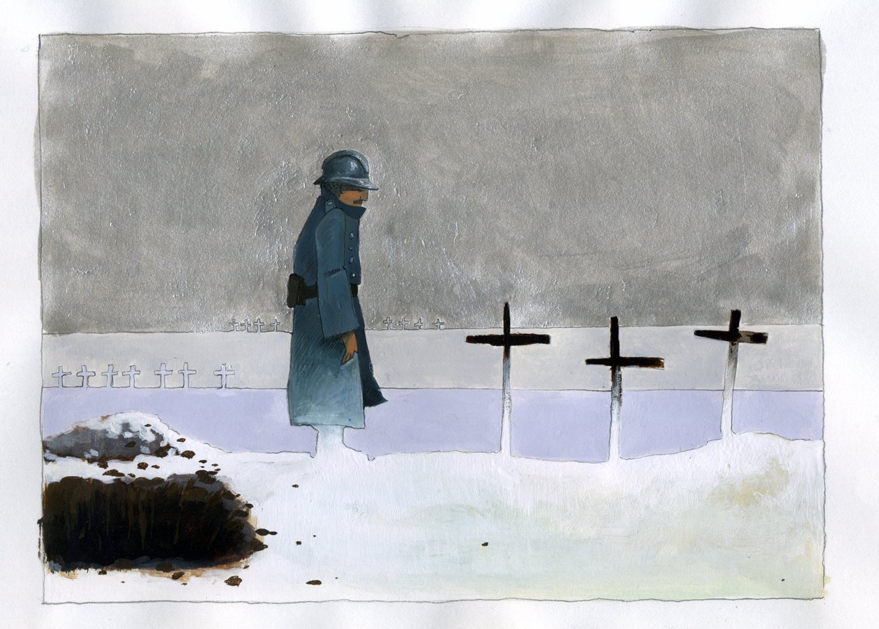 Första världskriget: en fransk soldat i en krigsgrav som tittar på korsen av Alessandro Lonati