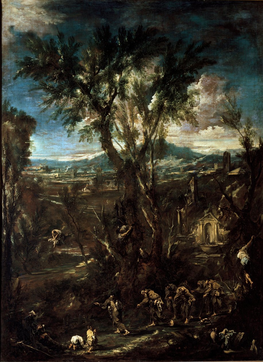 Fantastiskt landskap med munkar Målning av Alessandro Magnasco dit il Lissandrino (1667-1749) 1720 Dim.237x175 cm Pinacoteca di Brera Milan av Alessandro Magnasco