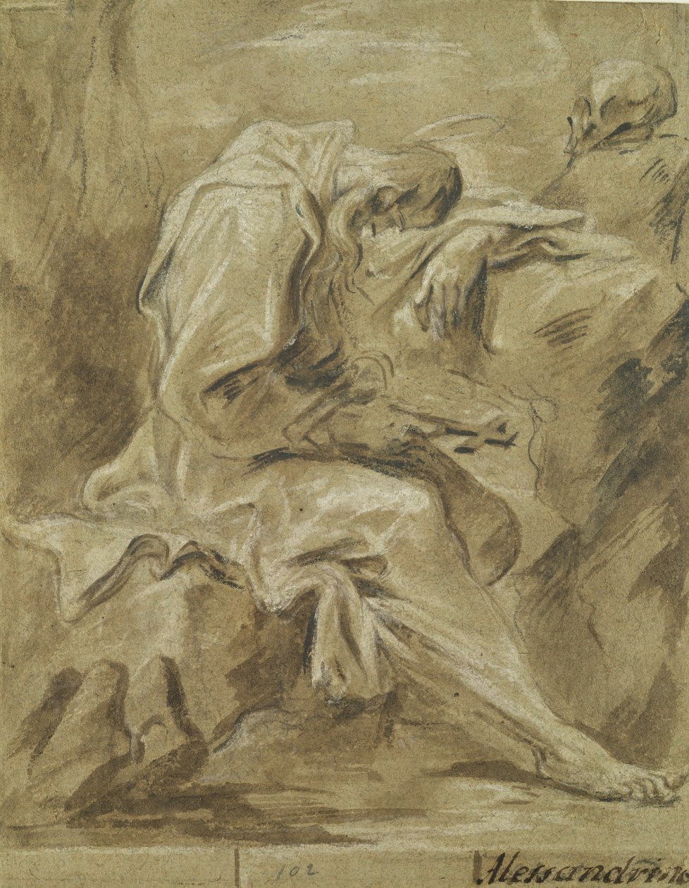 Eremit (röd krita, bläck och olja på papper) av Alessandro Magnasco