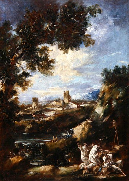 Landskap med karmelitbröder som ber vid en helgedom vid vägkanten, ca 1720 (olja på duk) av Alessandro Magnasco