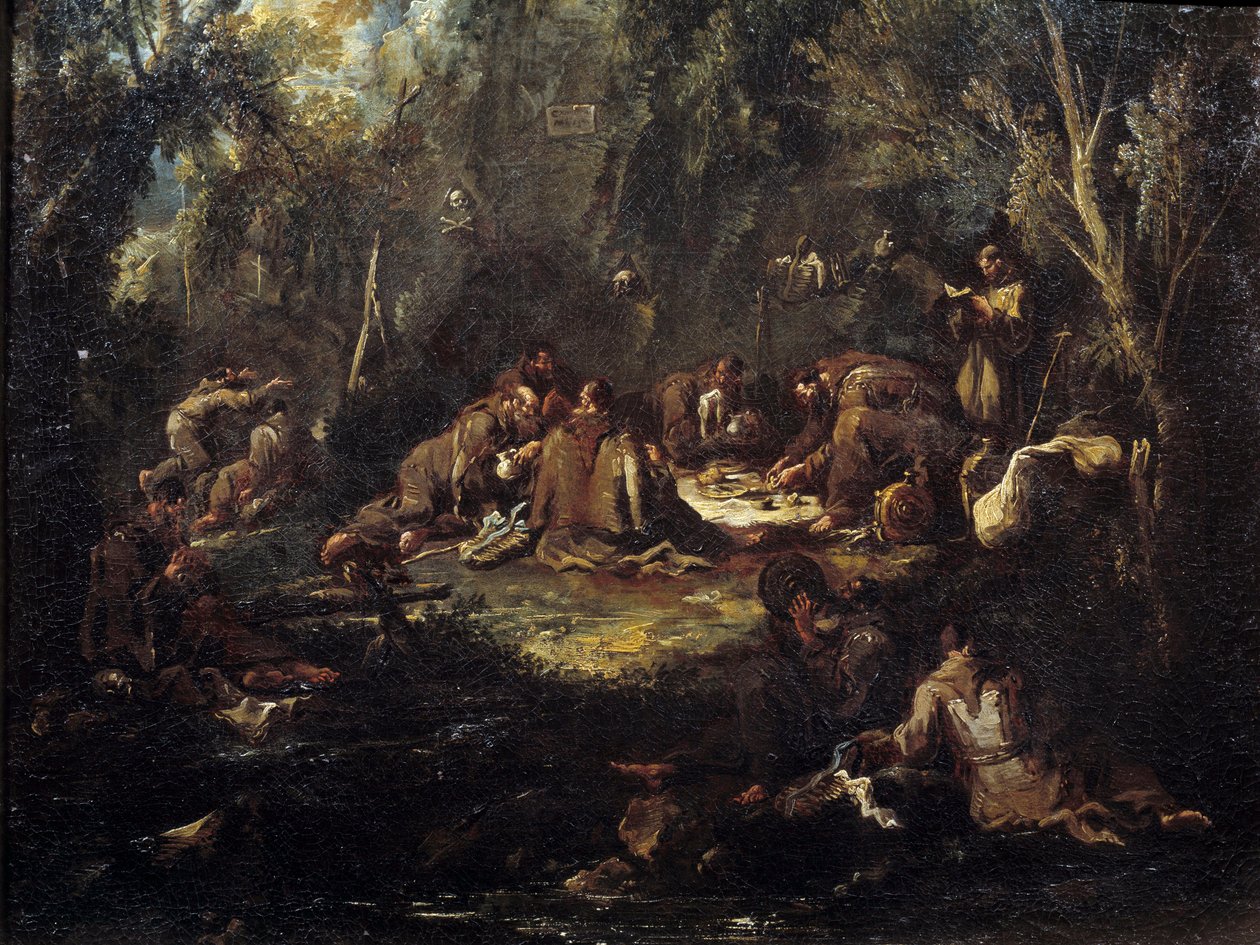 Scen av klosterlivet Munkarnas frukost, ber och läser i en undervegetation. Målning av Alessandro Magnasco av Alessandro Magnasco