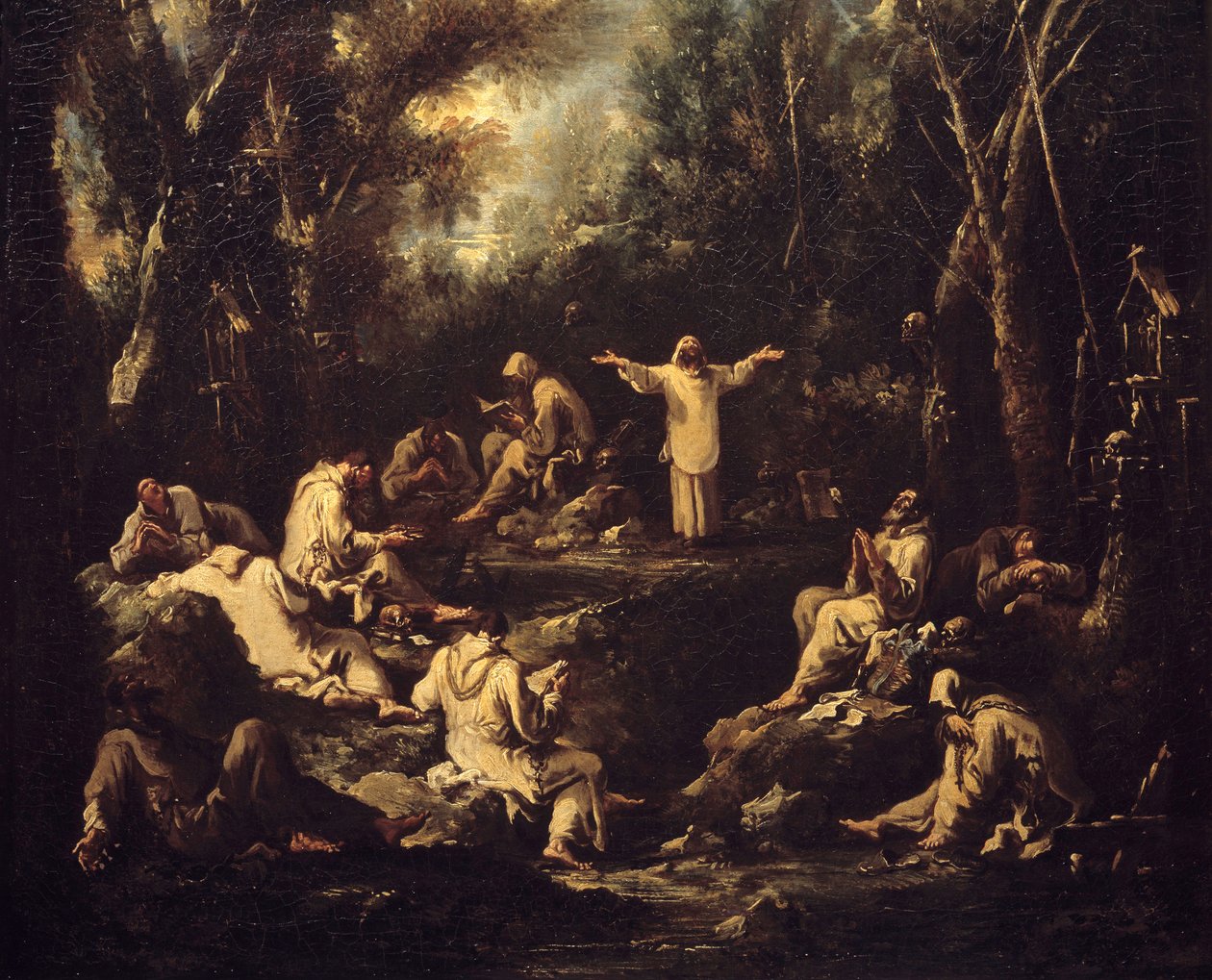 Scener av klosterlivet. Munkar i olika bönepositioner och i olika dagliga sysslor. Målning av Alessandro Magnasco (1667-1749). Museum för dekorativ konst. Paris. av Alessandro Magnasco