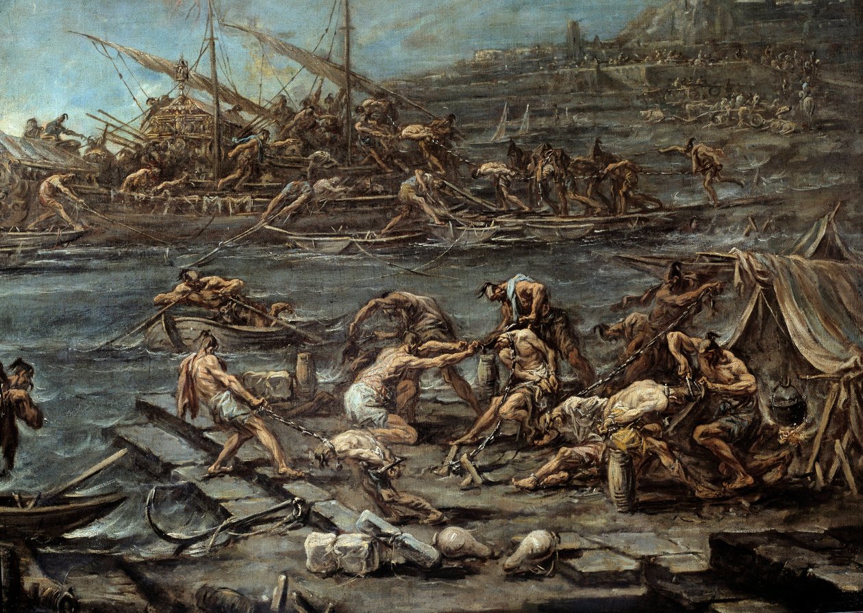 Ombordstigningen av galerianerna i hamnen i Genes Detail. Målning av Alessandro Magnasco (1667-1749). Dämpa. 1,16 x 1,42. Bordeaux, Museum of Fine Arts av Alessandro Magnasco