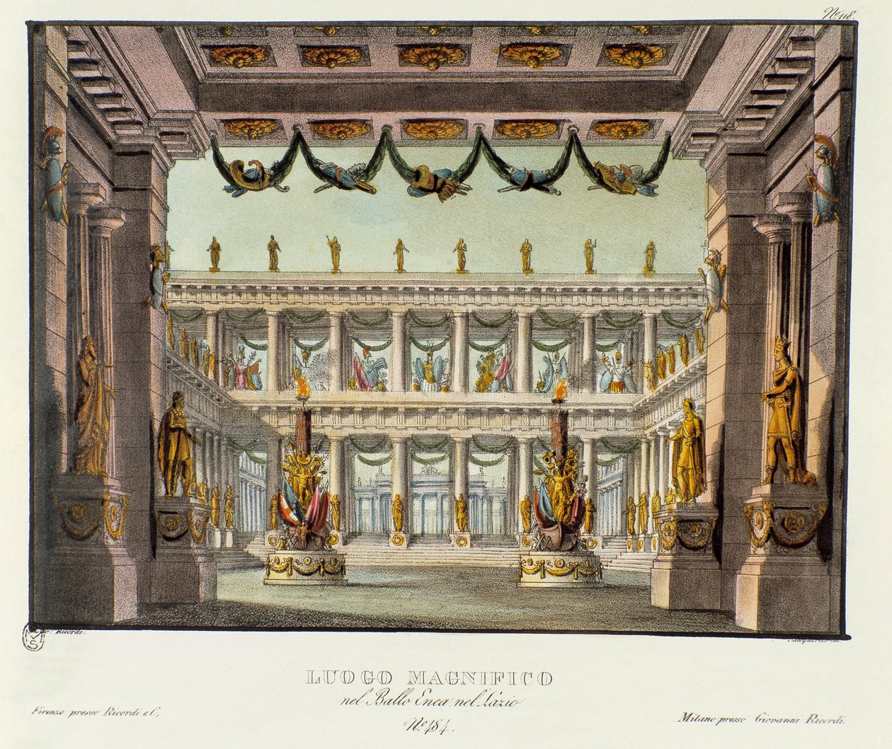 En magnifik plats: utsikt över ett tempel Scenografi för representation av det lyriska dramat "" Enea nel Lazio "" (1799) av Giuseppe Sarti. Litografi i "" Samling av natursköna uppfinningar från 1830 av Alessandro Sanquirico (1777-1849) ". Privat Milanese av Alessandro Sanquirico
