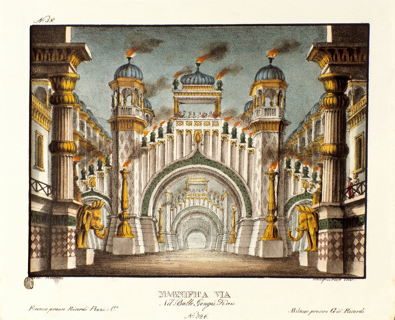 Ett tempel vid tiden för Genghis Khan Scenografi för baletten "" Genis-Kan "av den italienske koreografen Giovanni Galzerani (1780-1865) (1828). Litografi i "" Samling av natursköna uppfinningar från 1830 av Alessandro Sanquirico (1777-1849) ". Milanese pr av Alessandro Sanquirico