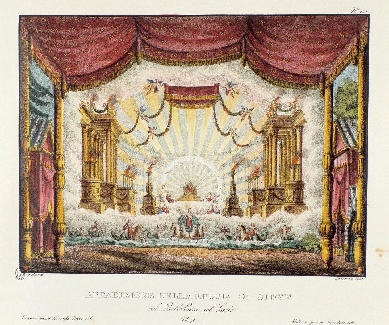 Utseende av Jupiters rike Scenografi för representation av operadramat "" Enea nel Lazio "" (1799) av Giuseppe Sarti. Litografi i "" Samling av natursköna uppfinningar från 1830 av Alessandro Sanquirico (1777-1849) ". Milanesisk privat kol av Alessandro Sanquirico