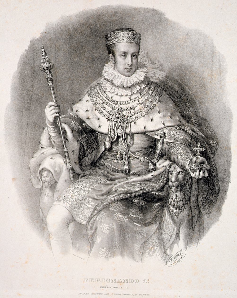 Ferdinand I (1793-1875), kung av Lombardiet-Venetien, i statskläder, från "Coronation of SMIRA Ferdinand I, the King of the Kingdom of Lombardy-Venetia", publicerad 1838. av Alessandro Sanquirico