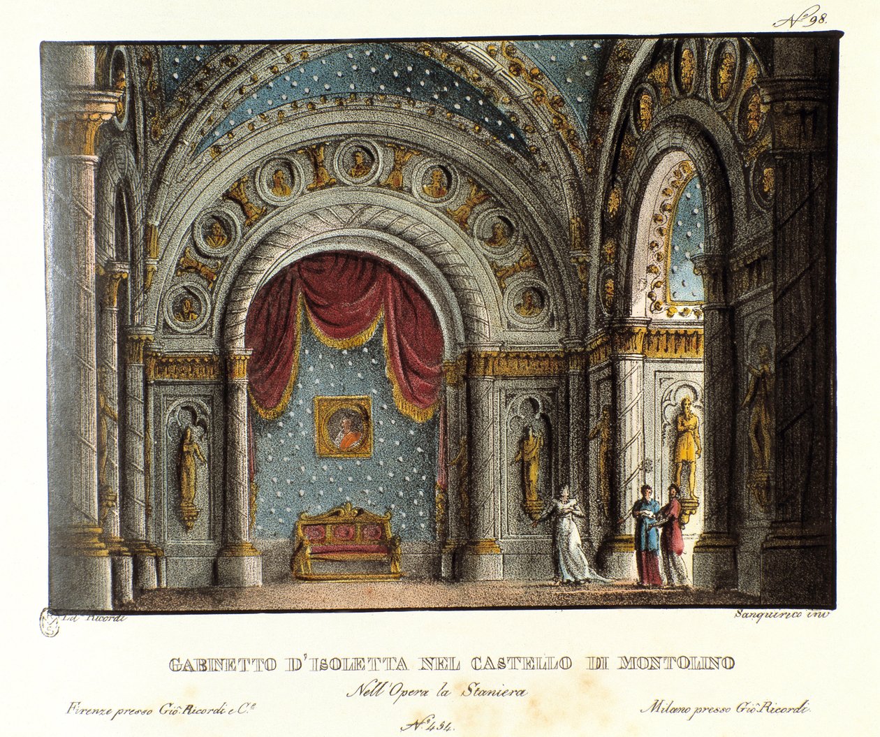 Isolettas skåp på Montolino slott i Bretagne Scenografi för föreställningen på Teatro alla scala 1829 av operan "La straniera" "(1828) av Vincenzo Bellini. Litografi i "" Samling av natursköna uppfinningar från 1830 av Alessandro Sanquirico av Alessandro Sanquirico