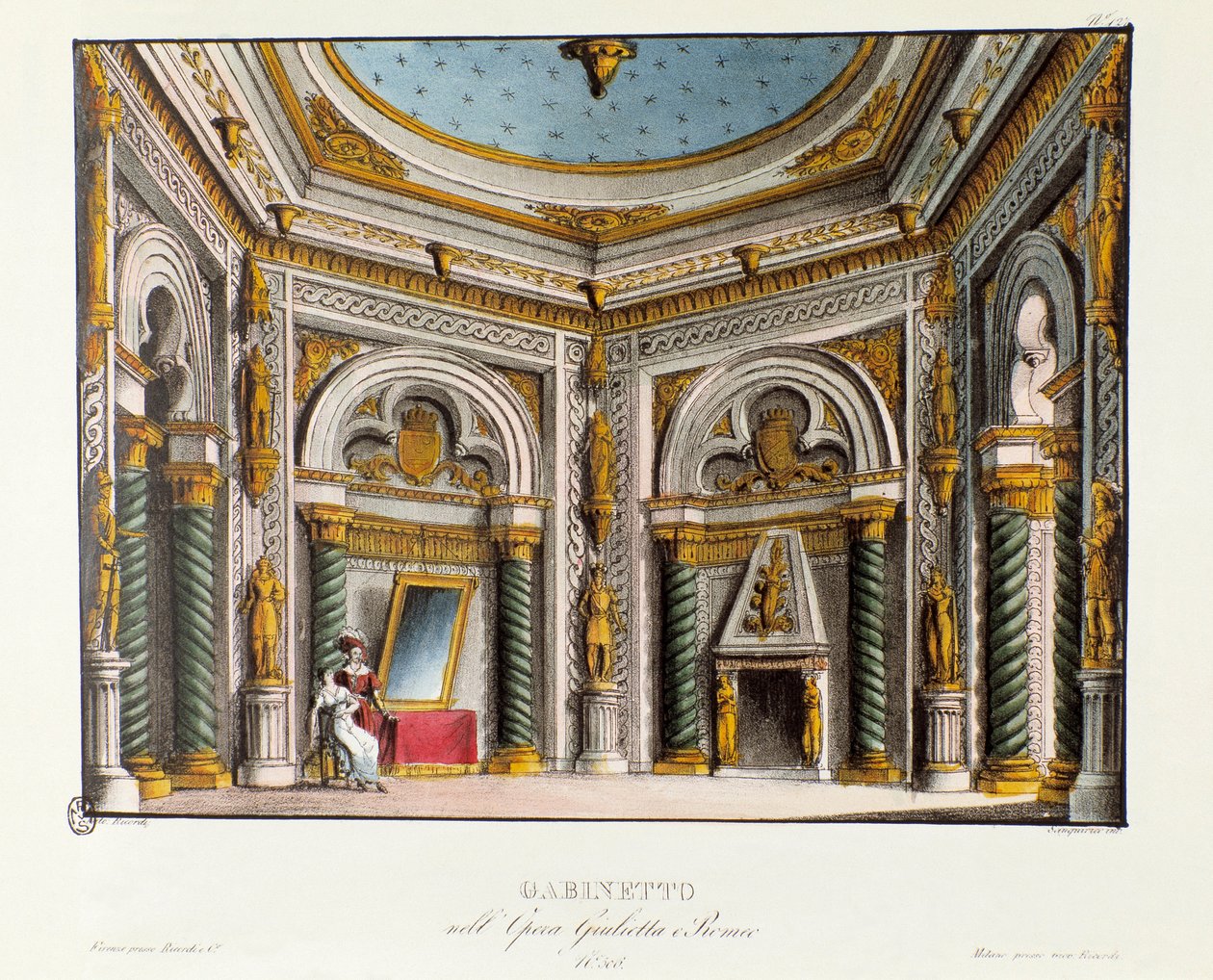 Julias privata lägenheter Scenografi för föreställningen på Teatro Carcano 1829 av operan "Giulietta e Romeo" (Julietta och Romeo) (1796) av Niccolo Antonio Zingarelli efter stycket "Romeo och Julia"" av William Shakespeare. Litografi i "" Rac av Alessandro Sanquirico