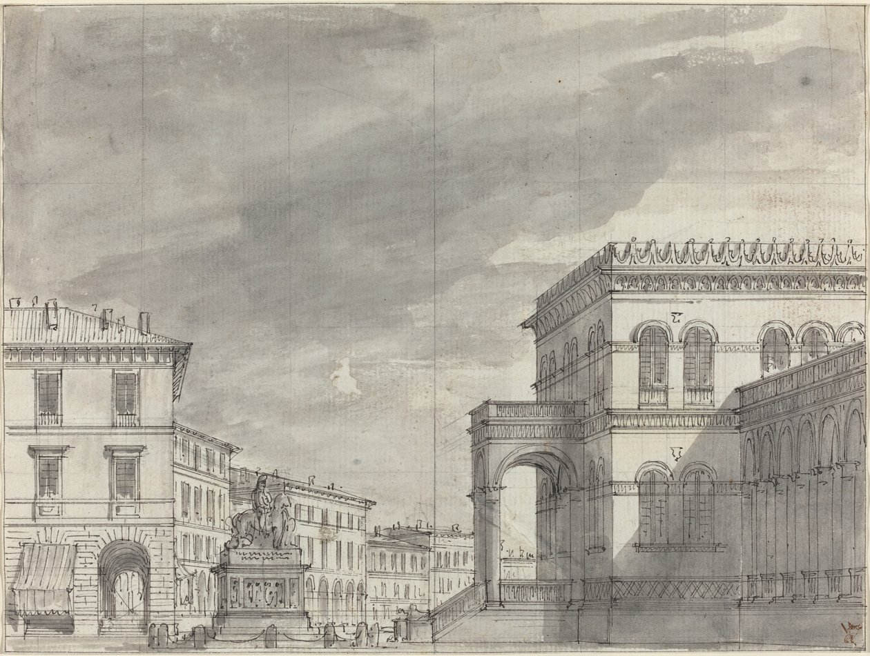 Piazza med ett ryttarmonument och ett palats av Alessandro Sanquirico