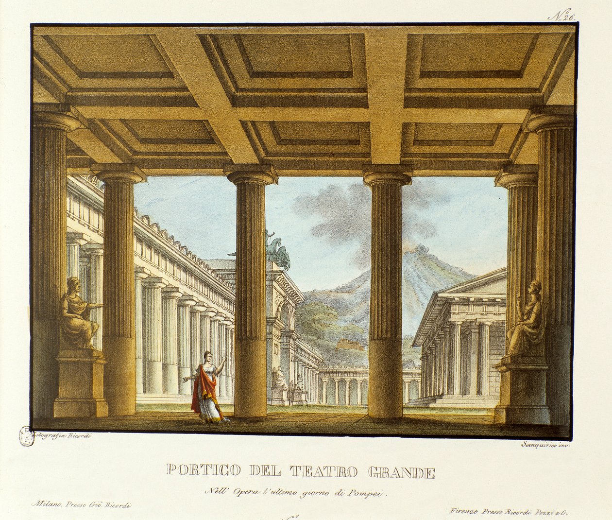Portik av Grand Theatre i Pompeii, i bakgrunden Vesuvescenografin för framförandet av "operan" L