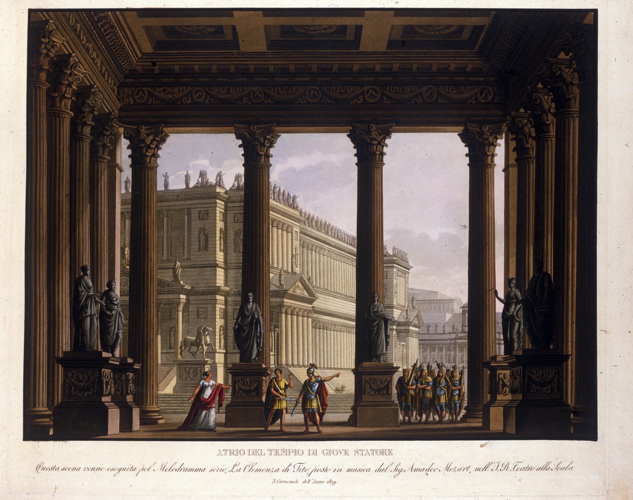 Scenografi av Alessandro Sanquirico (1777-1849) för "The Clemence of Tito" av Wolfgang Amadeus Mozart (1756-1791) klättrar till La Scala i Milano 1819 och representerar atriumet i Jupitertemplet Stator Stator: Sextus stoppas; att bevara Viterli av Alessandro Sanquirico