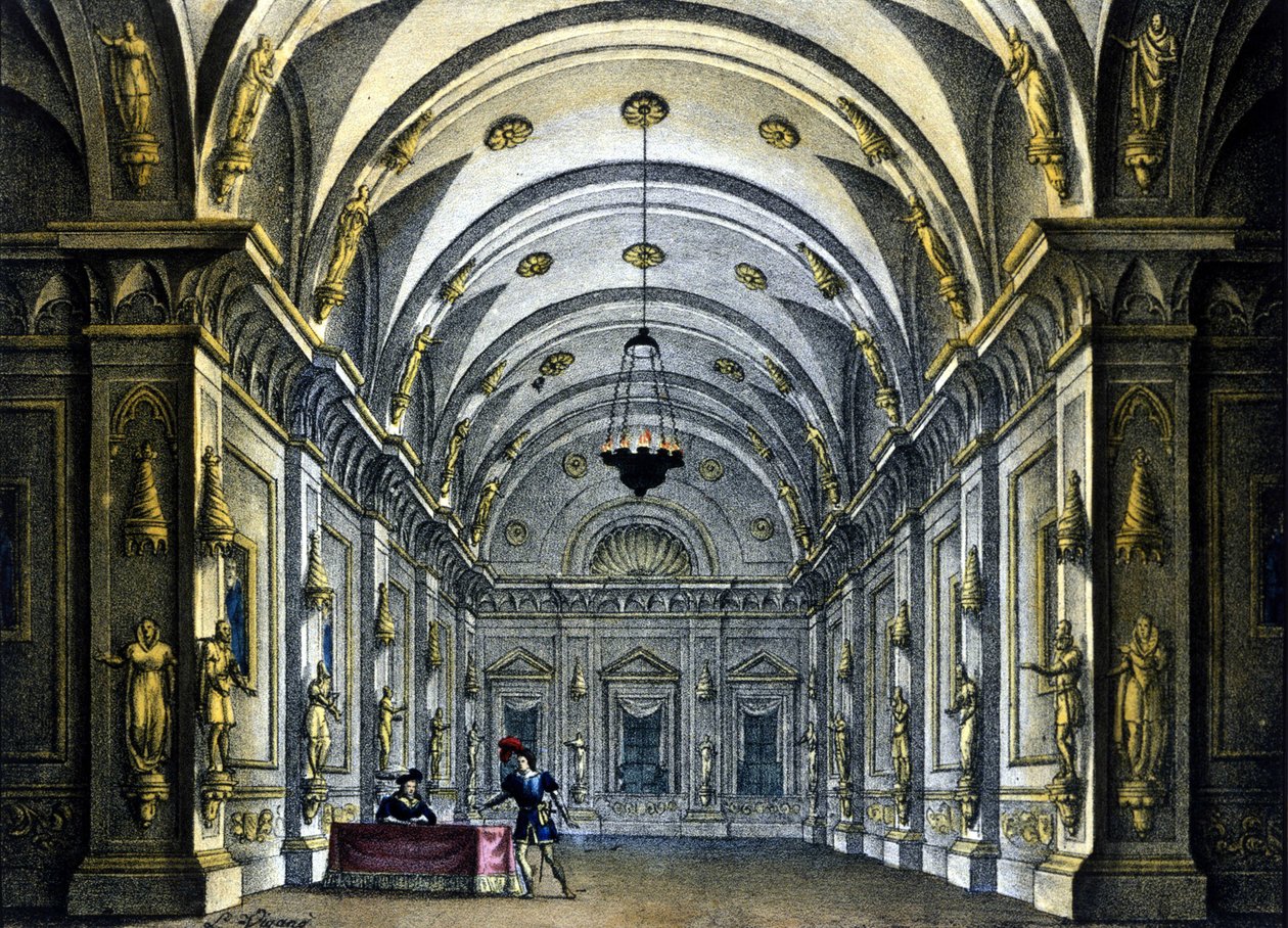 Scenografi av Sanquirico för operan "Anna Bolena" av Gaetano Donizetti (1797-1848) representerad på Teatro Carcano i Milano av Alessandro Sanquirico