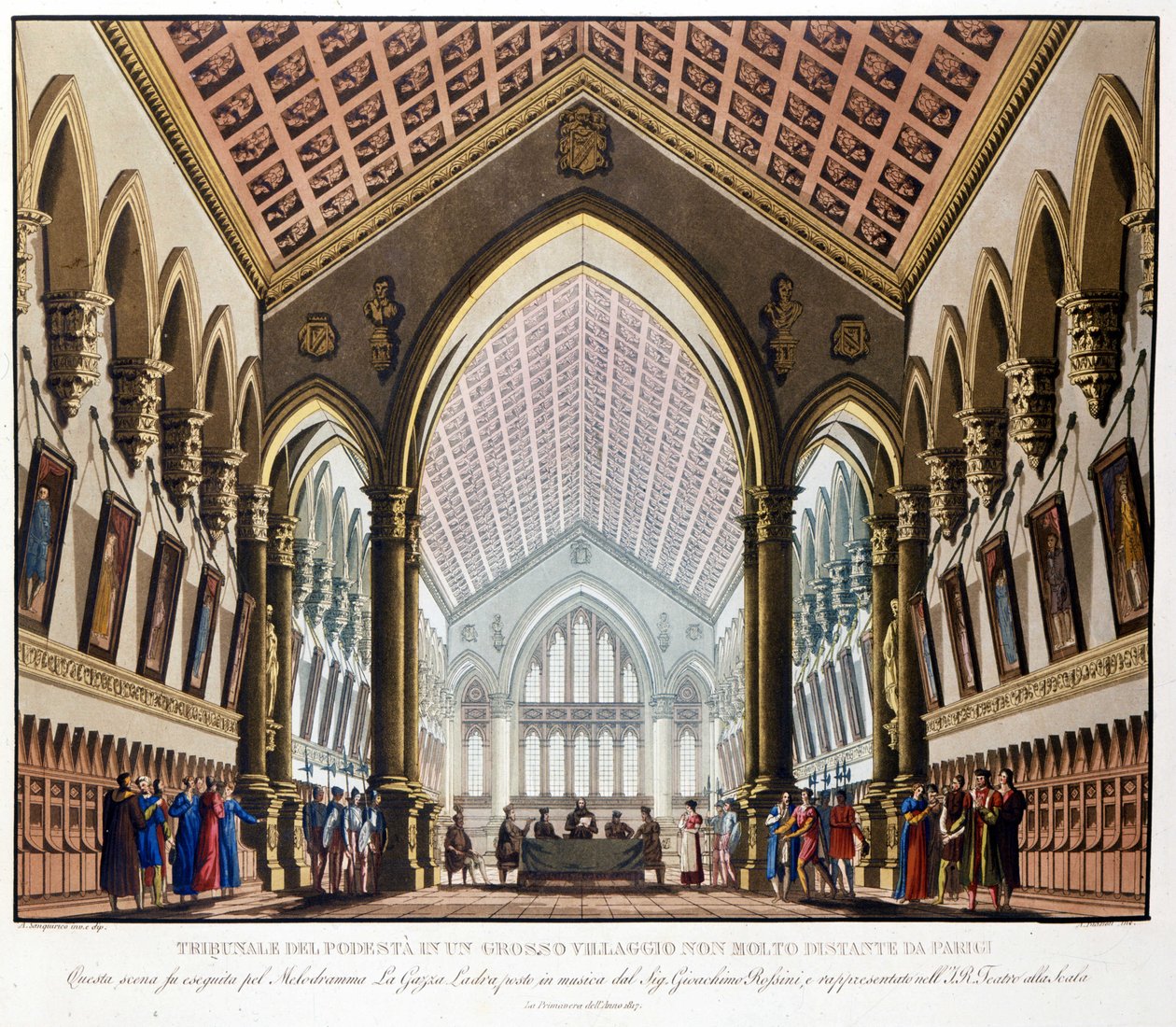 Scenografi av Sanquirico för operan "La gazza ladra" av Gioacchino Rossini representerad på Teatro alla Scala i Milano 1817: Tribunal du Podestat nära Paris. av Alessandro Sanquirico