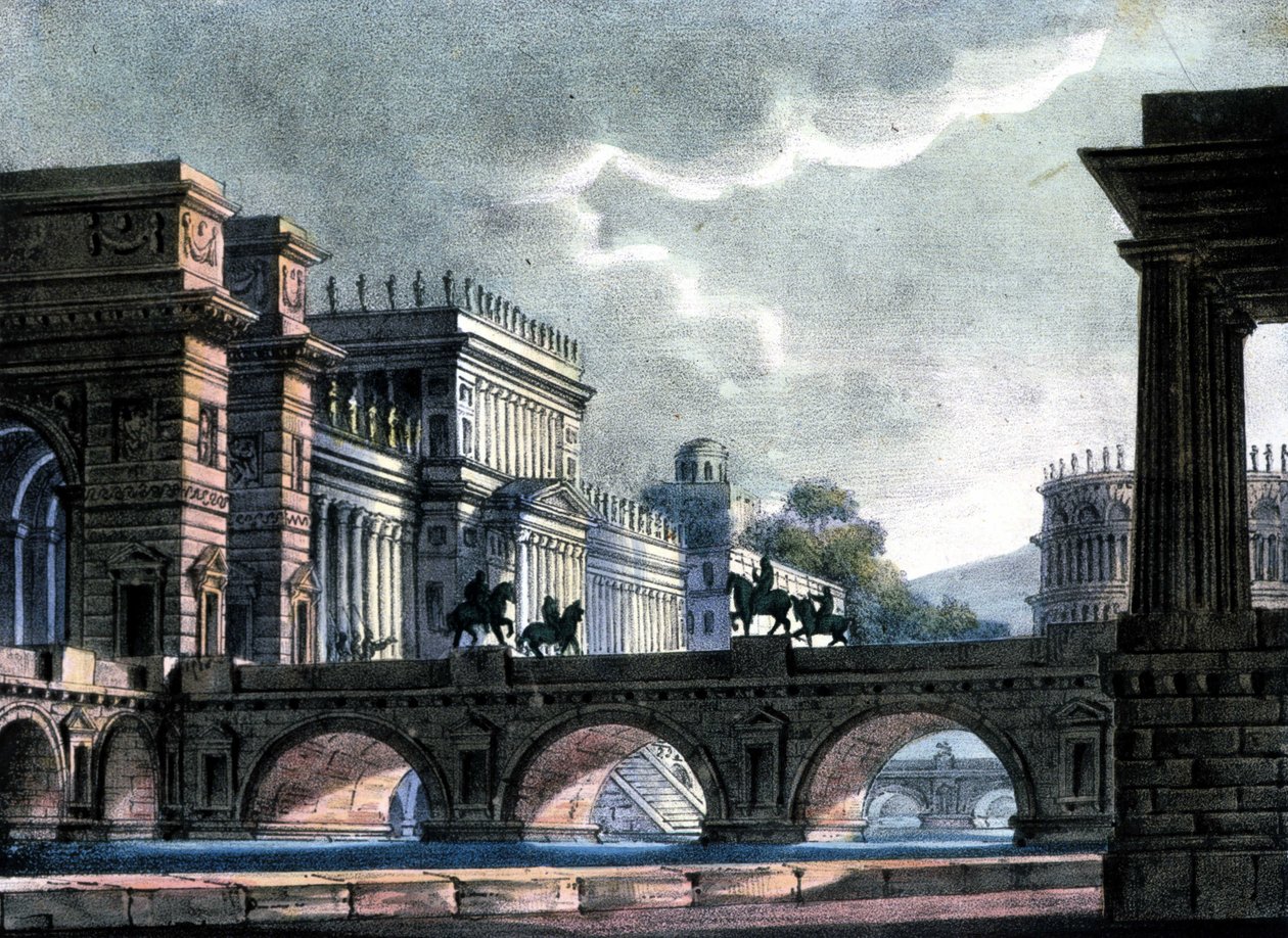 Scenografi av Sanquirico för operan "The exile of Rome" av Gaetano Donizetti, La Scala av Alessandro Sanquirico