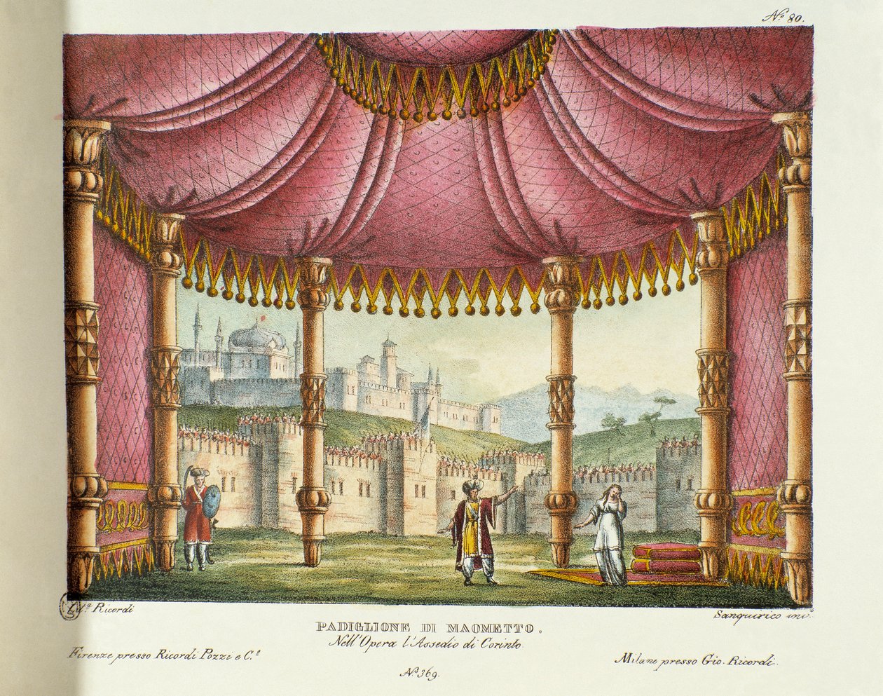 Muhammeds paviljong (akt II) Scenografi för föreställningen på Teatro alla scala i Milano 1829 av operan "Belägringen av Korinth" (eller belägringen av Korinth) av Gioacchino Rossini (eller Gioachino) (1826). Litografi i "" samling uppfinningar av Alessandro Sanquirico