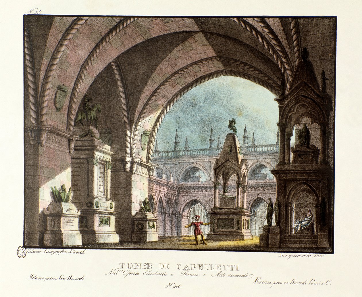 Graven för familjen Capulet (Capuleti) Scenografi för föreställningen på Teatro Carcano 1829 av operan "Giulietta e Romeo" (Julietta och Romeo) (1796) av Niccolo Antonio Zingarelli efter William Shakespeares verk "Romeo och Julia". Lithograp av Alessandro Sanquirico