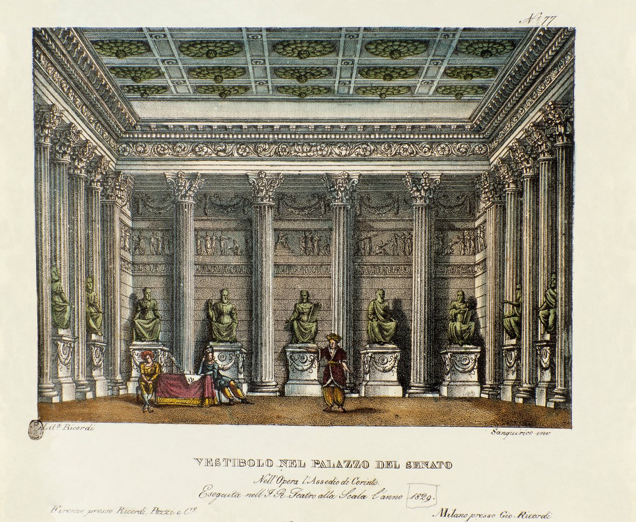 Vestibulen för Senatspalatset (akt I) Scenografi för föreställningen på Teatro alla scala i Milano 1829 av operan "Belägringen av Korinth" (eller L