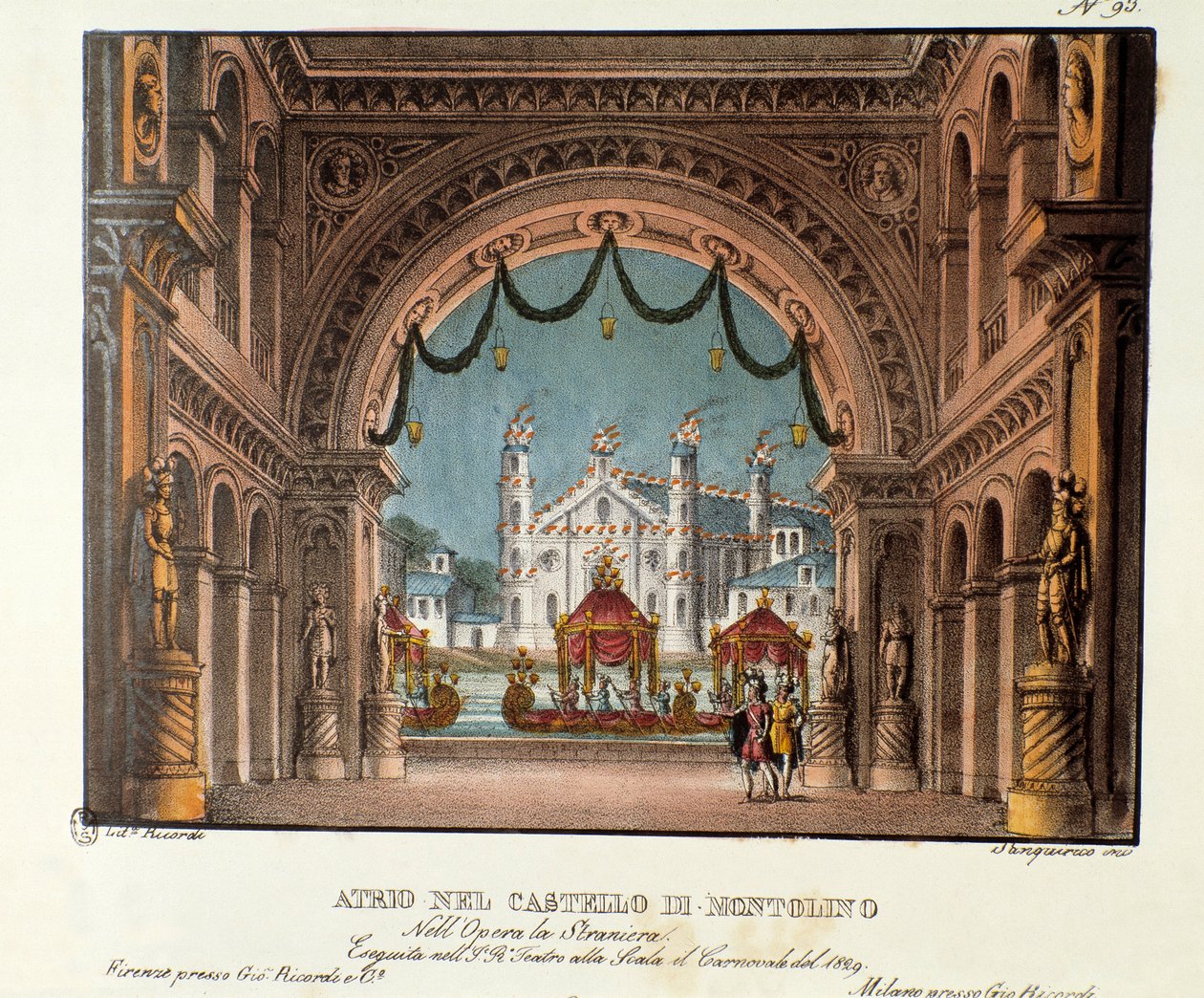 Vestibulen till slottet Montolino i Bretagne Scenografi för föreställningen på Teatro alla scala 1829 av operan "La straniera" "(1828) av Vincenzo Bellini. Litografi i "" Samling av natursköna uppfinningar från 1830 av Alessandro Sanquiri av Alessandro Sanquirico