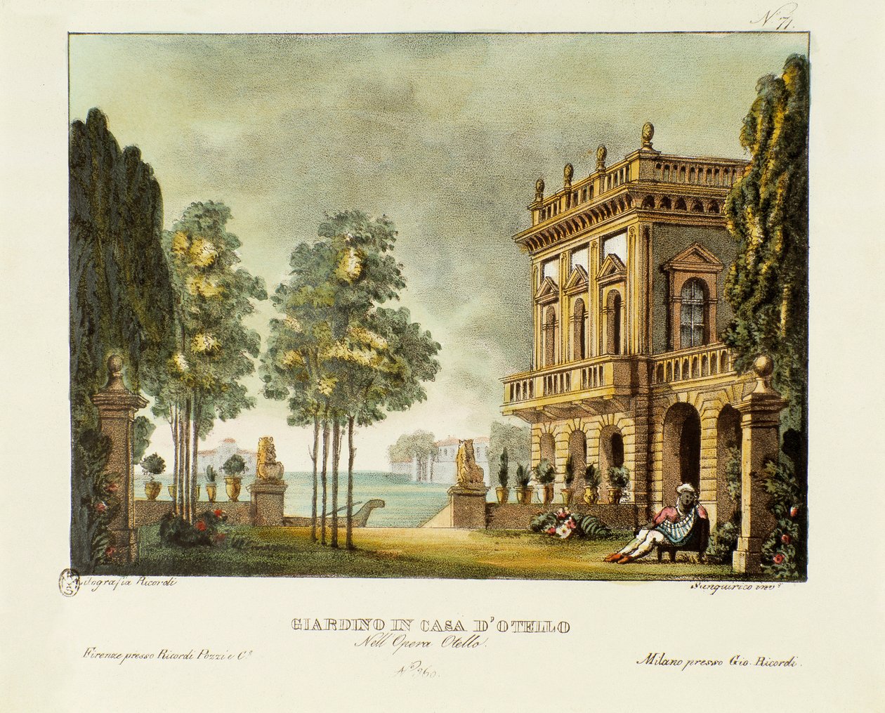 Utsikt över Otellos trädgård och hus Scenografi för operan "" Otello "" av Gioacchino Rossini (eller Gioachino) (1816) efter William Shakespeares verk "" Othello or the Moor of Venice "). Litografi i "" Alessandras samling av natursköna uppfinningar från 1 av Alessandro Sanquirico