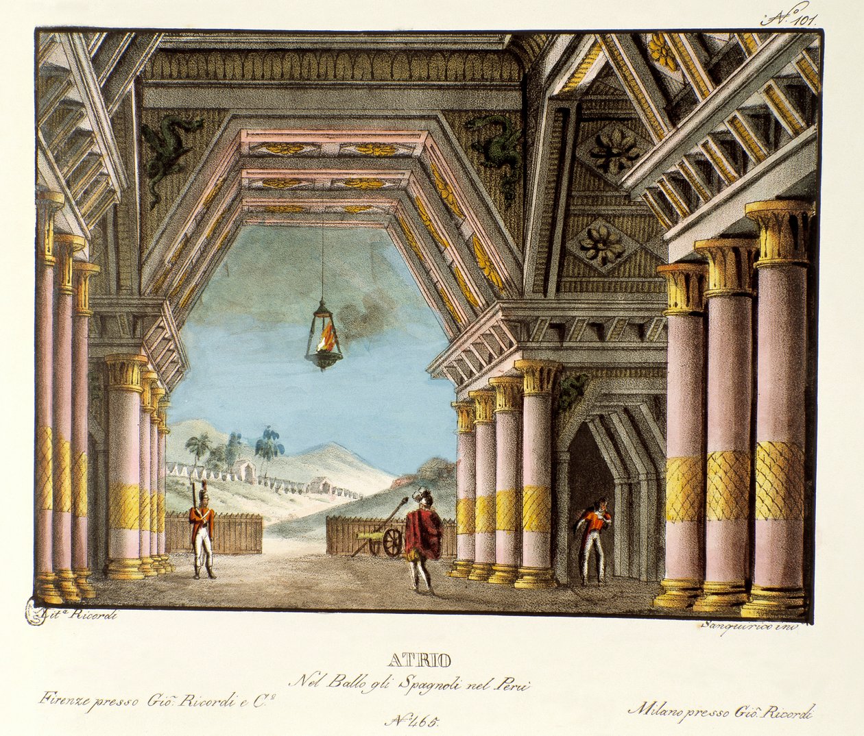 Utsikt över ett stort palatsrum Scenografi till baletten "" Spanjorerna i Peru "" av den italienske koreografen Giovanni Galzerani (1780-1865) (1828). Litografi i "" Samling av natursköna uppfinningar från 1830 av Alessandro Sanquirico (1777-1849) ". Milan av Alessandro Sanquirico