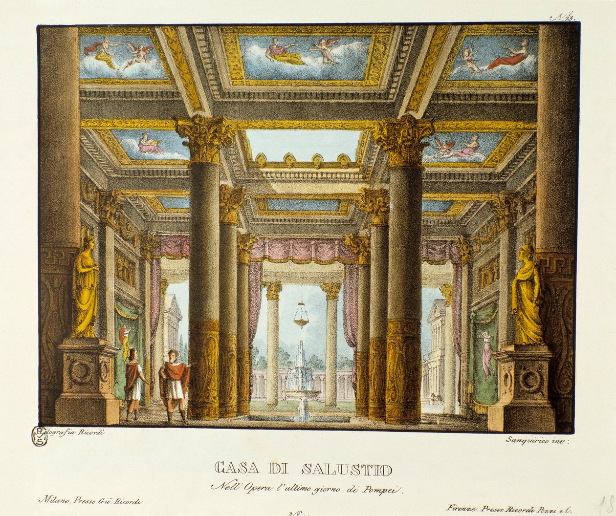 Vy över House of Salustio (Saluste) Scenografi för representation av Giovanni Pacinis "The Last Day of Pompei" (The Last Day of Pompei). Litografi i "" Samling av natursköna uppfinningar från 1830 av Alessandro Sanquirico (1777-1849) ". Milano av Alessandro Sanquirico