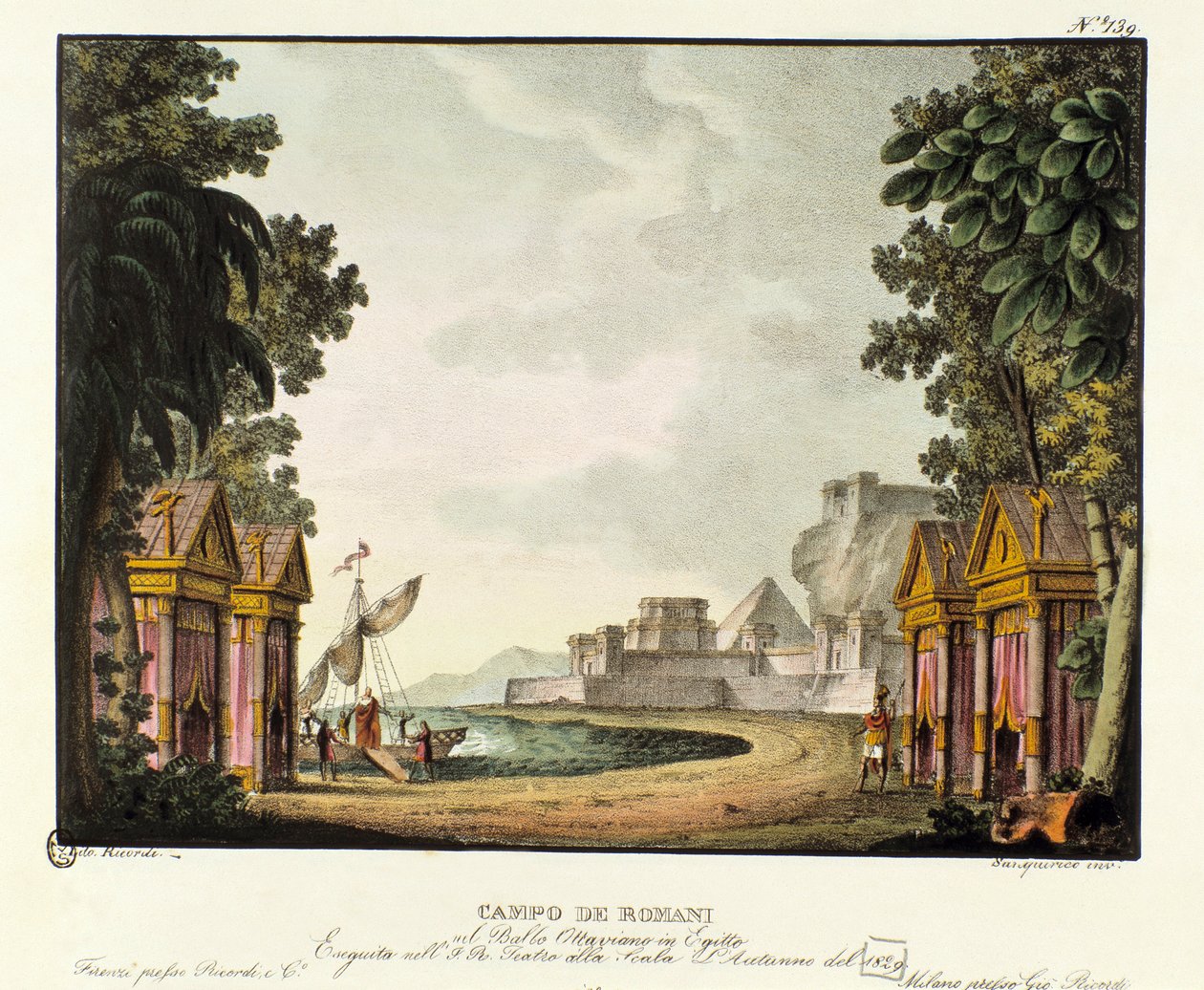 Vy över det romerska lägret Scenografi för baletten "" Octavian in Egypt "" av den italienske koreografen Giovanni Galzerani (1780-1865) (1828). Litografi i "" Samling av natursköna uppfinningar från 1830 av Alessandro Sanquirico (1777-1849) ". Milanesisk  av Alessandro Sanquirico