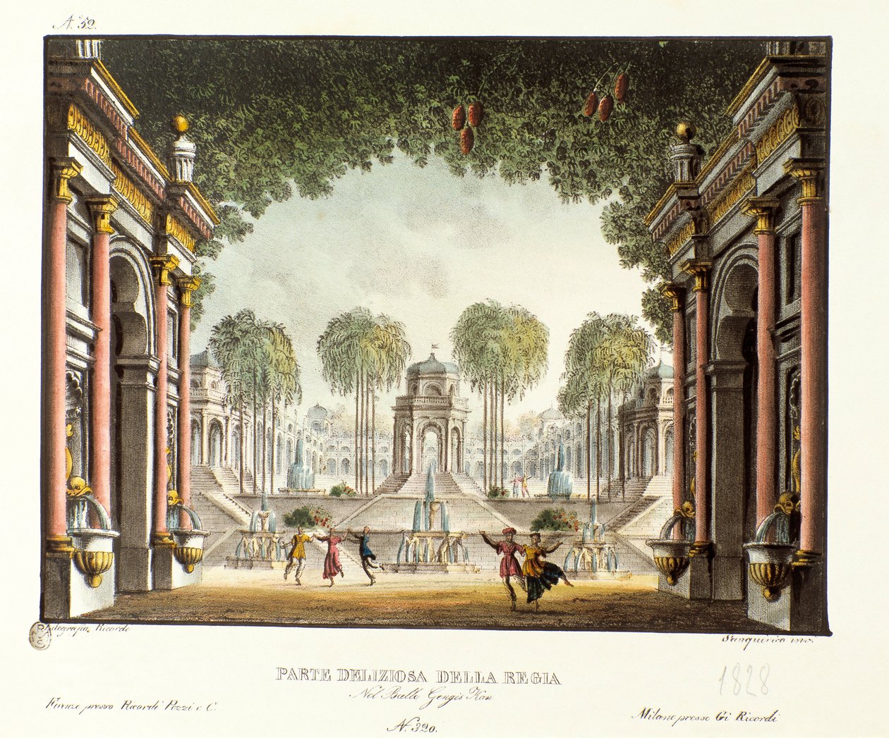 Utsikt över det kungliga hovet i Djingis Khans palats Scenografi för baletten "" Genis-Kan "" av den italienske koreografen Giovanni Galzerani (1780-1865) (1828). Litografi i "" Samling av natursköna uppfinningar från 1830 av Alessandro Sanquirico (1777-18 av Alessandro Sanquirico
