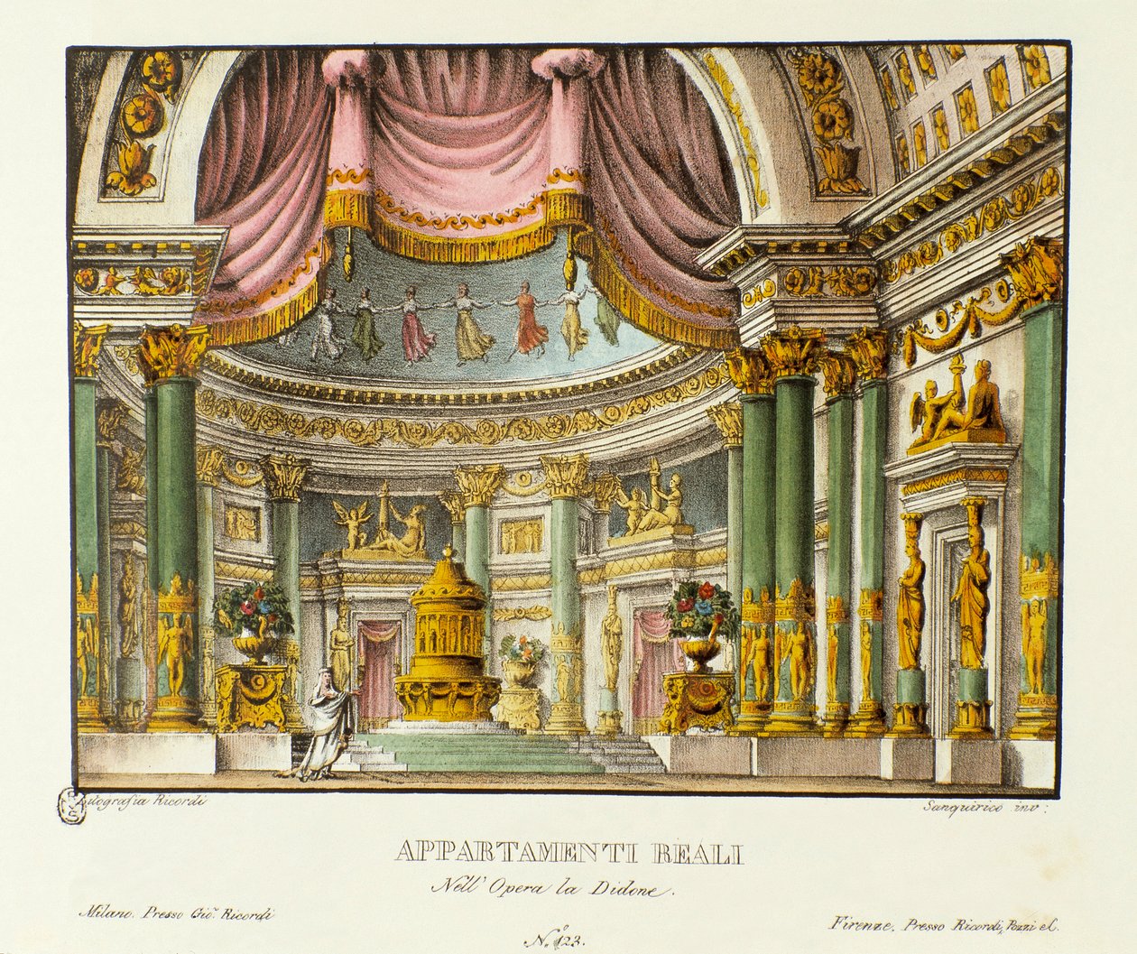 Utsikt över det kungliga palatset av drottningen av Kartago Didon Scenografi för representation av den lyriska tragedin "" Didone" (Didon) (1783) av kompositören Niccolo Vito Piccinni (eller Piccini) efter operan Metastasio (Metastase). Litografi i "" Racc av Alessandro Sanquirico