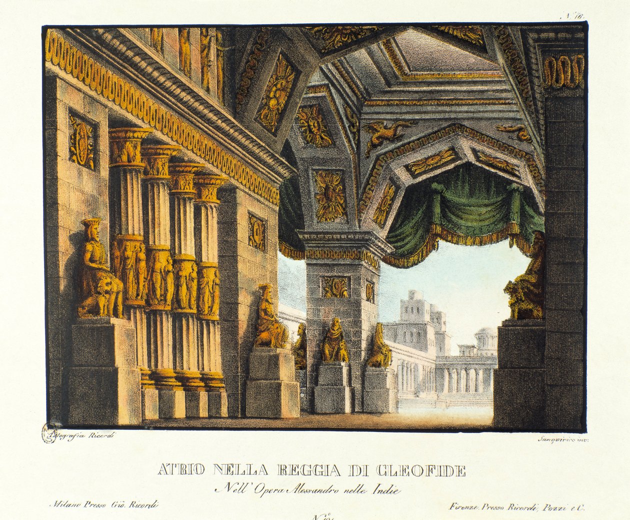 Utsikt över ingången till det kungliga slottet Cleophis (Cleofide), älskarinna till kung Poros besegrad av Alexander den store Scenografi för representationen av "operan "Alessandro Nell