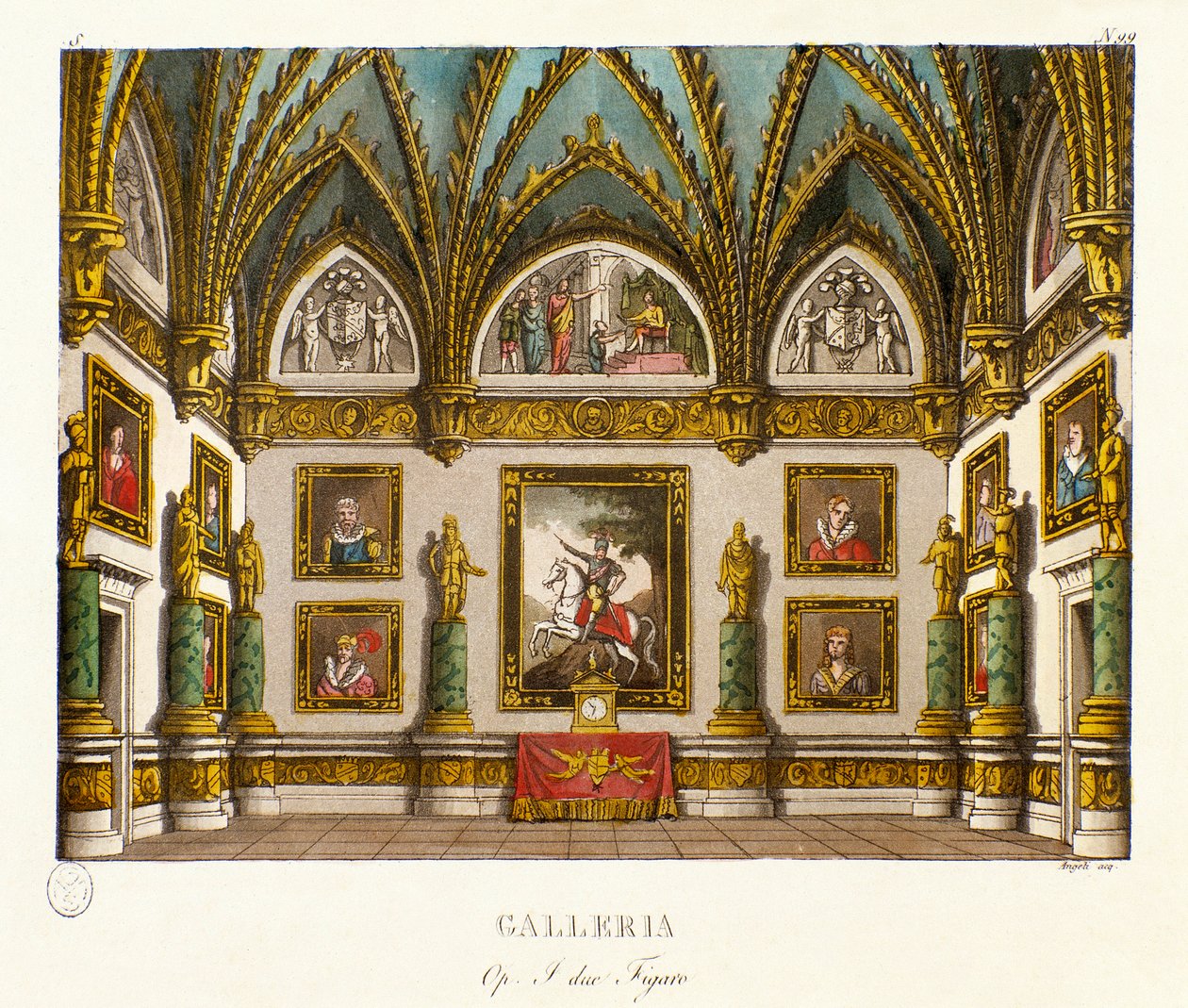 Utsikt över galleriet dekorerad av målningar Scenografi för operan "" I due figaro""" av den italienska kompositören Giuseppe Saverio Raffaele Mercadante (1795-1870), efter stycket "" De två figaronerna eller komedin" (1794) ) av Honore Francois Richaud av Alessandro Sanquirico