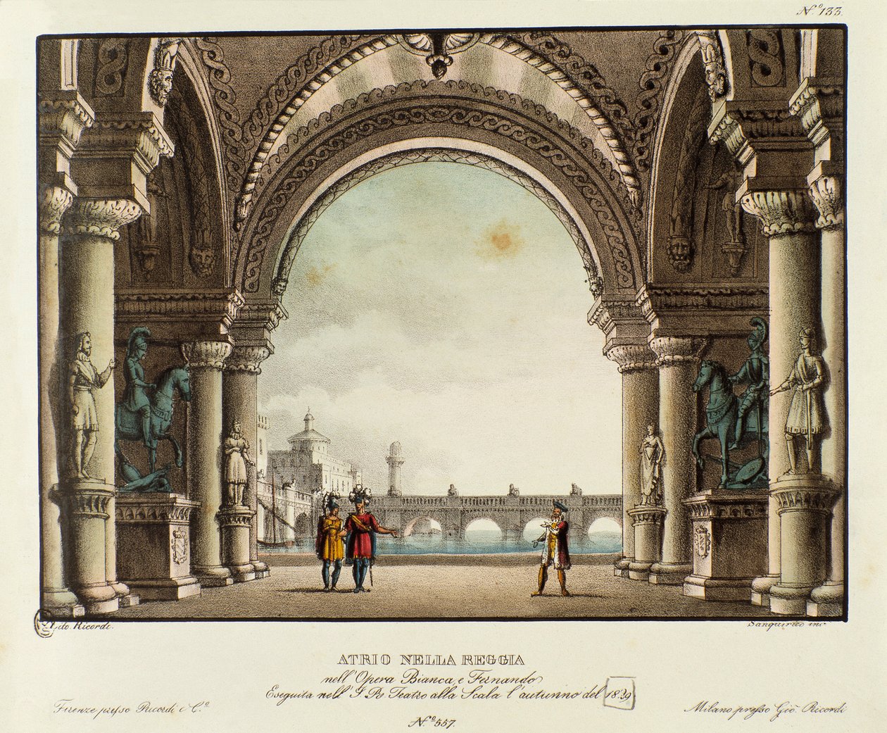 Utsikt över det kungliga slottets hall Scenografi för representationen 1829 av operan "Bianca e Fernando" av Vincenzo Bellini (1826). Litografi i "" Samling av natursköna uppfinningar från 1830 av Alessandro Sanquirico (1777-1849) ". Privat Milanese av Alessandro Sanquirico