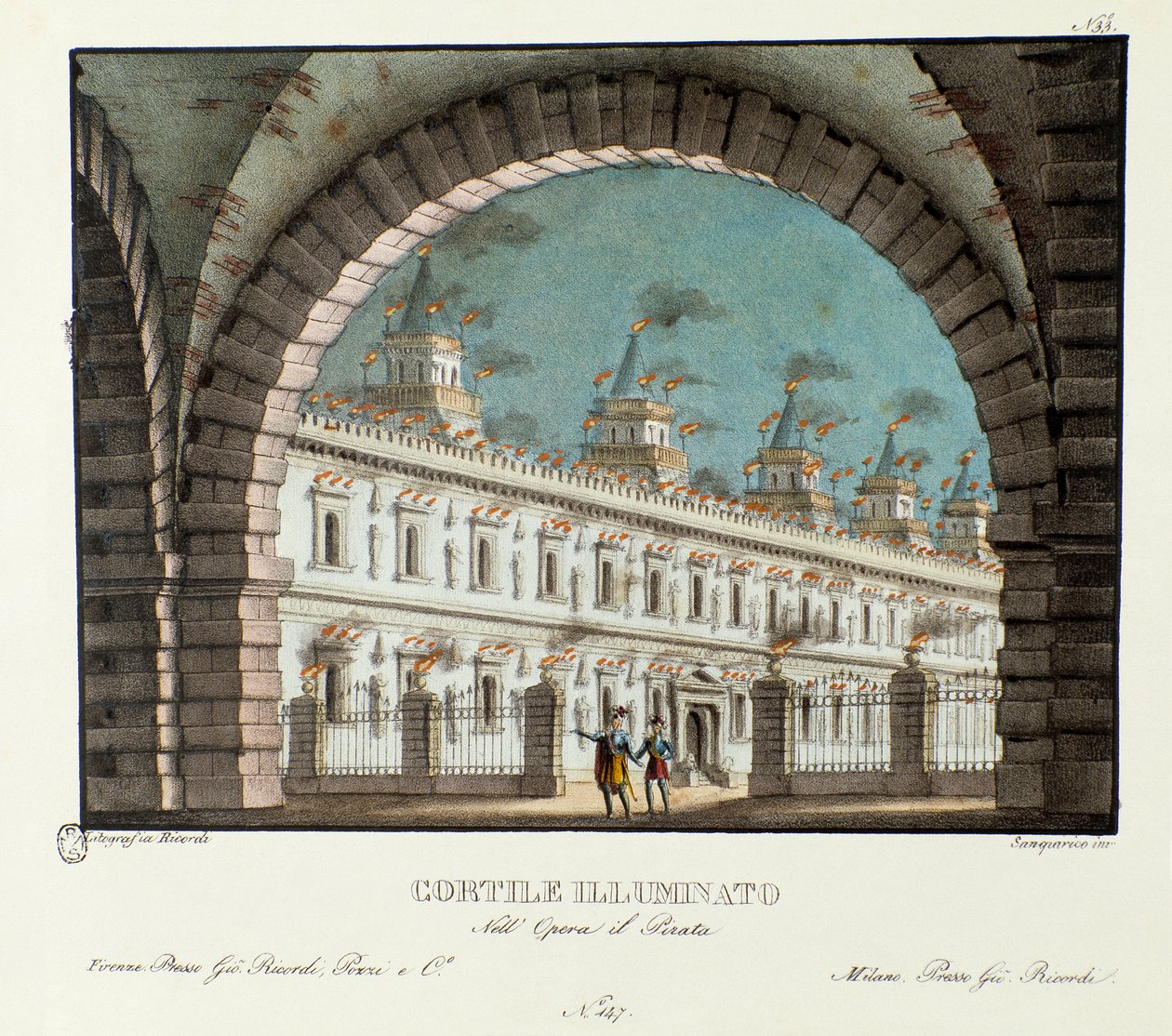 Utsikt över den stora upplysta innergården Scenografi för representationen av operan Il pirata (Piraten) (1827) av Vincenzo Bellini. Litografi i "" Samling av natursköna uppfinningar från 1830 av Alessandro Sanquirico (1777-1849) ". Milanesisk privat c av Alessandro Sanquirico