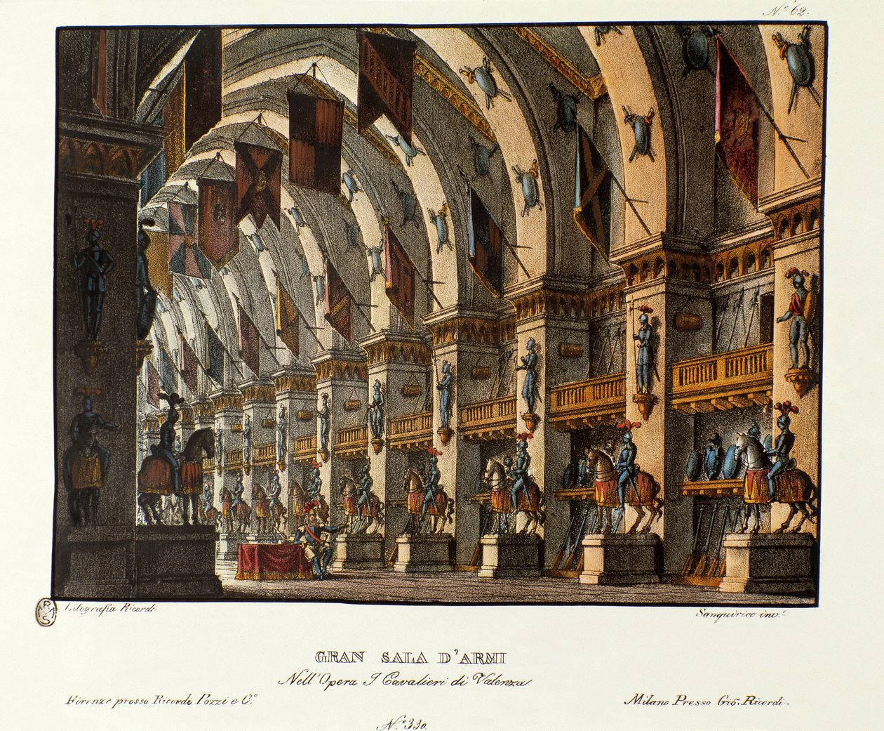 Vy över det stora vapenrummet Scenografi för representationen av operan "I cavalieri di Valenza" av Giovanni Pacini och Gaetano Rossi (1828). Litografi i "" Samling av natursköna uppfinningar från 1830 av Alessandro Sanquirico (1777-1849) ". Milanese sid av Alessandro Sanquirico