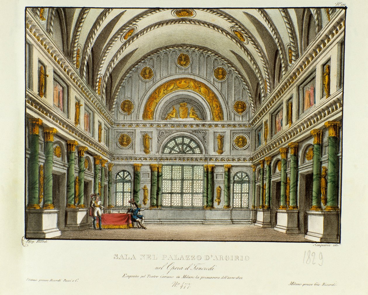 Utsikt över kungen av Syracuse Argirios palats Scenografi för framförandet i Milano 1829 av operan "Tancredi" (eller Tancrede) av Gioacchino Rossini (eller Gioachino) (1813) efter Voltaires stycke "Tancrede". Litografi i "" Raccolta di invenzion av Alessandro Sanquirico