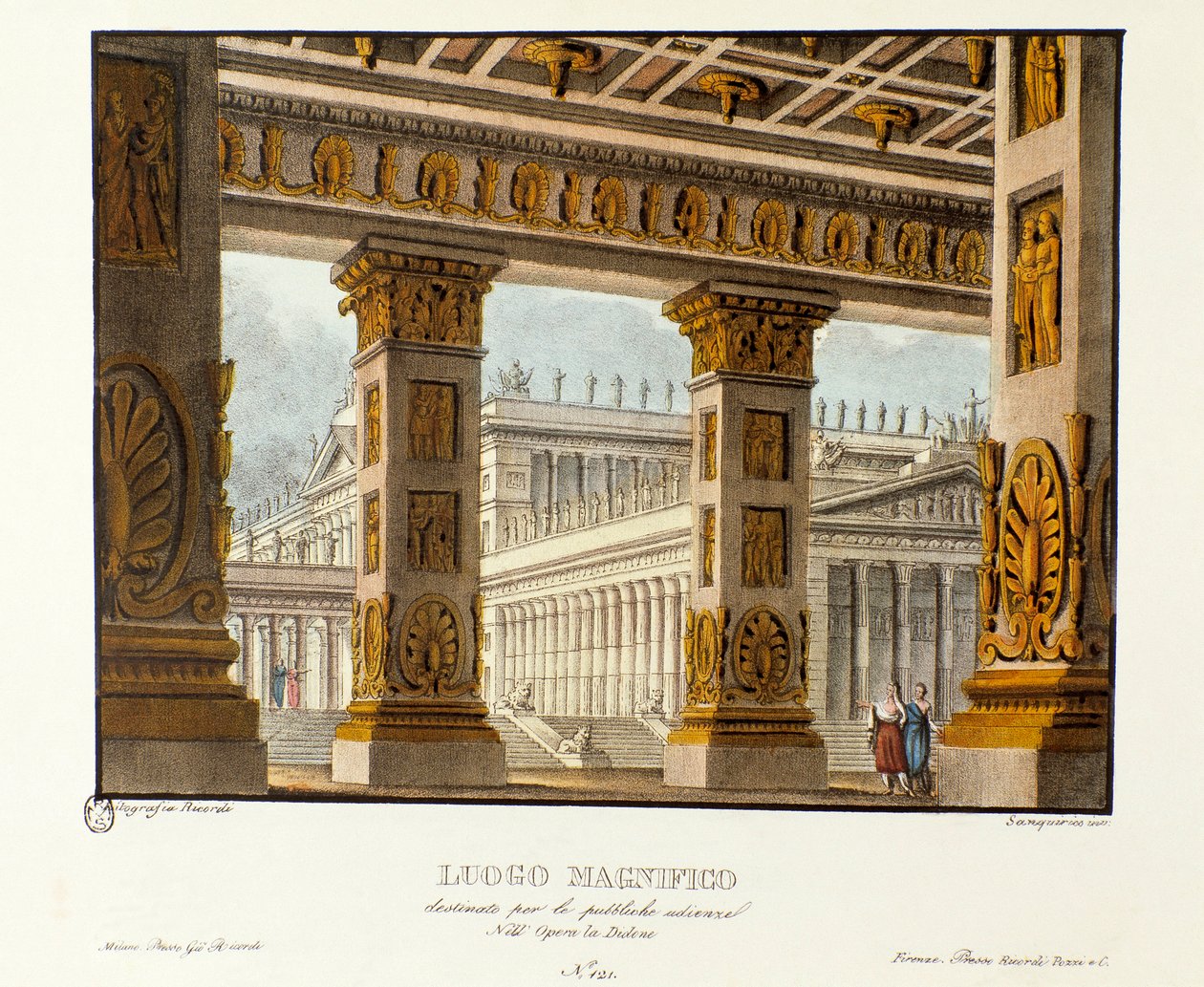 Utsikt över palatset där offentliga utfrågningar äger rum Scenografi för representation av den lyriska tragedin "" Didone"" (Didon) (1783) av kompositören Niccolo Vito Piccinni (eller Piccini) efter operan Metastasio (Metastase). Litografi i "" Raccolta av Alessandro Sanquirico