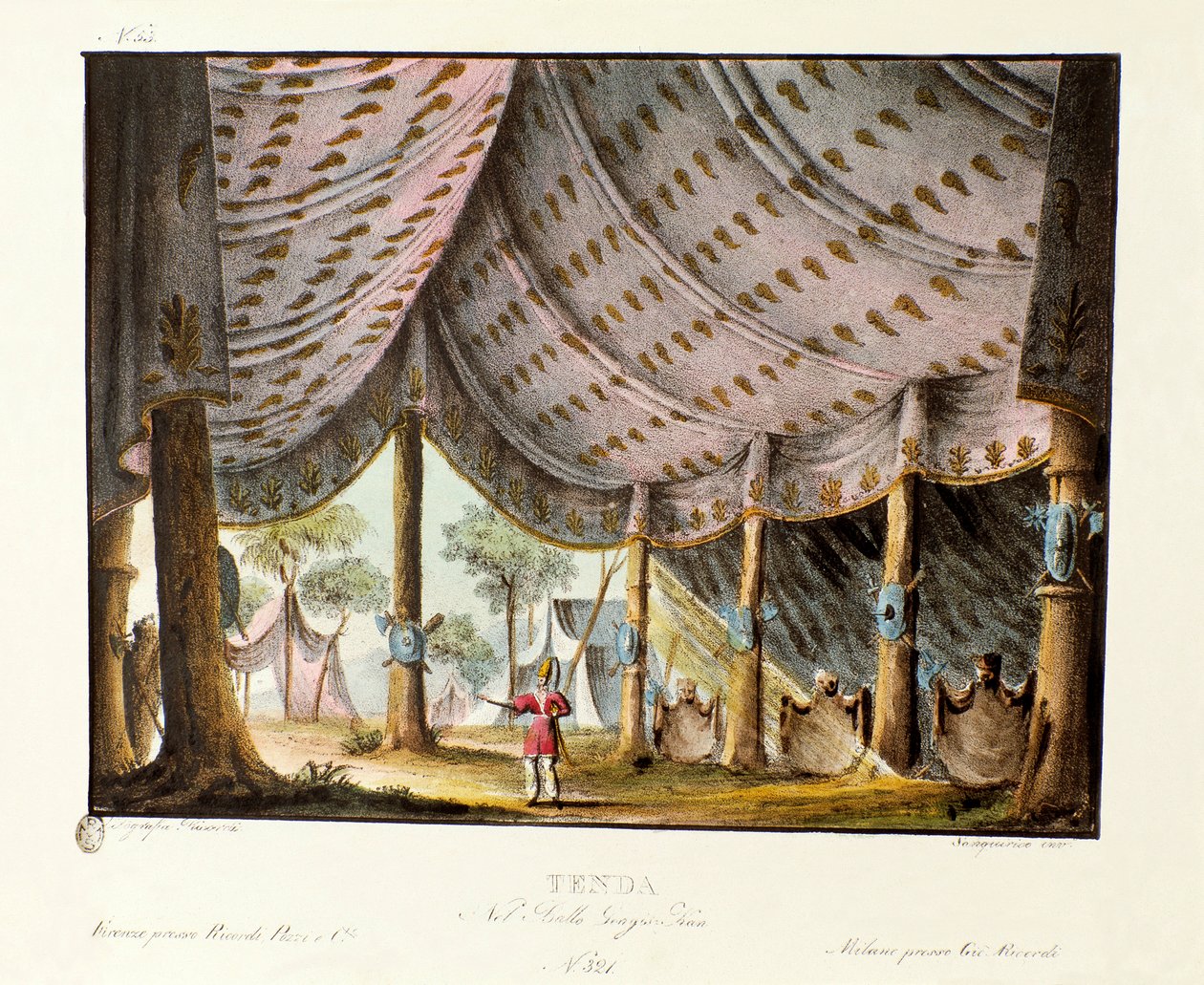 Utsikt över Djingis Khans kungliga tält Scenografi för baletten "" Genis-Kan "av den italienske koreografen Giovanni Galzerani (1780-1865) (1828). Litografi i "" Samling av natursköna uppfinningar från 1830 av Alessandro Sanquirico (1777-1849) ". Milanese  av Alessandro Sanquirico