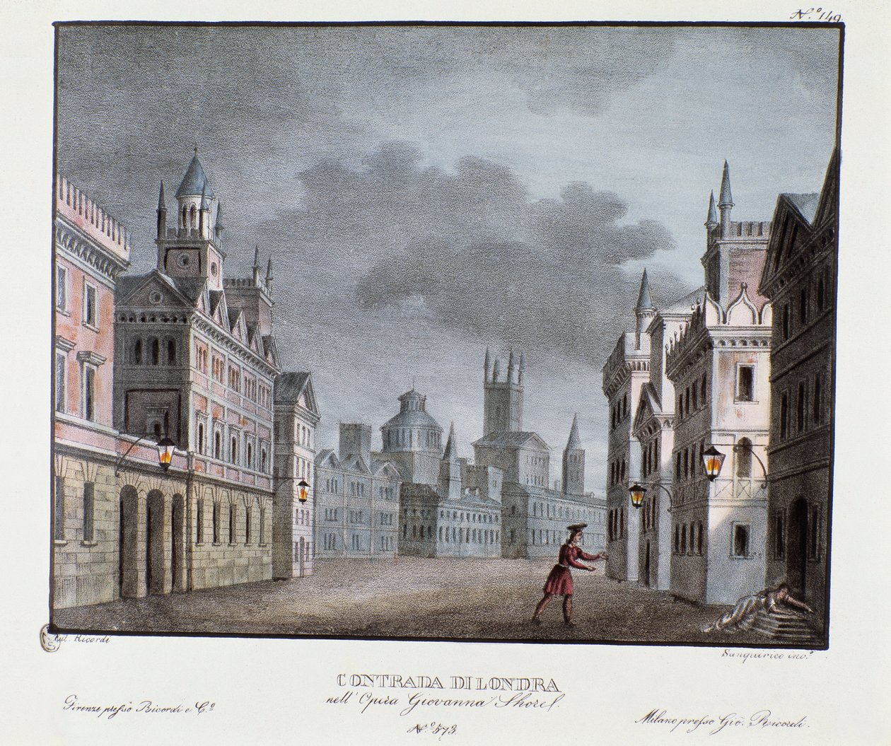 Utsikt över Londons förorter Scenografi för representation av operan "Giovanna Shore" (Jeanne Shore) av Carlo Ponti (1829). Litografi i "" Samling av natursköna uppfinningar från 1830 av Alessandro Sanquirico (1777-1849) ". Milanesisk privat samling av Alessandro Sanquirico
