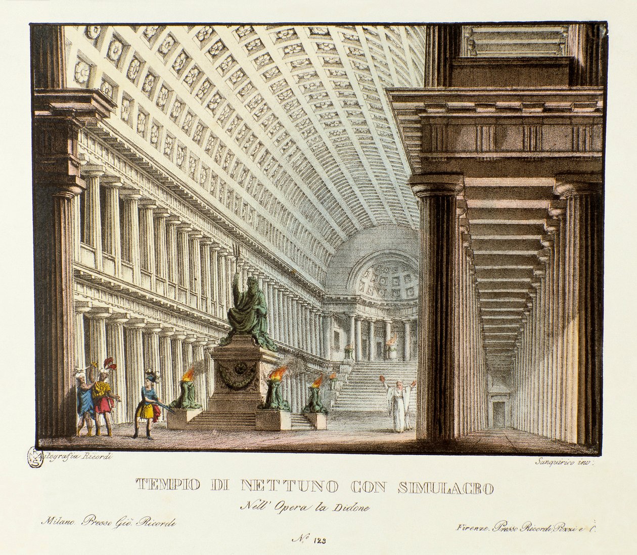Utsikt över Neptunus tempel Scenografi för representation av den lyriska tragedin "" Didone "" (Didon) (1783) av kompositören Niccolo Vito Piccinni (eller Piccini) efter operan i Metastasio (Metastase). Litografi i "" Samling av natursköna uppfinningar d av Alessandro Sanquirico