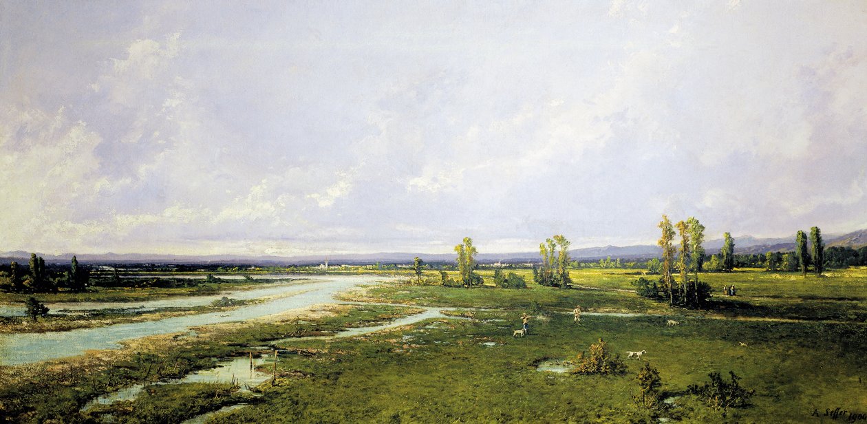 Jakt på flodbädden av Piave i Belluno, Målning av Alessandro Seffer (1832-1905), Olja på duk av Alessandro Seffer Guerra