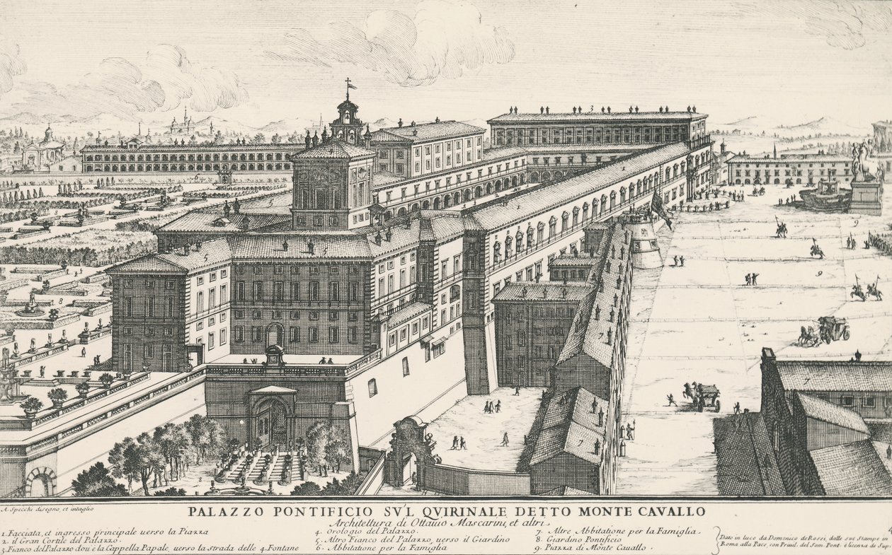 Påvens palats på Quirinale-kullen, även känd som Monte Cavallo, teckning och gravyr av Alessandro Specchi (1668-1729), Italien av Alessandro Specchi