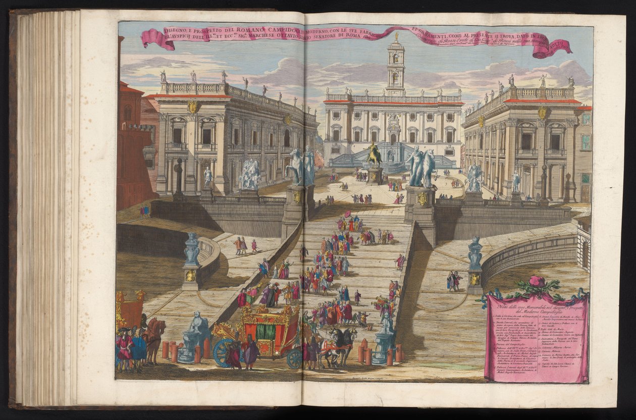 Fånga till Piazza del Campidoglio i Rom Ritning och höjd av det romerska Capitolium modern (...) (titel på objekt) av Alessandro Specchi