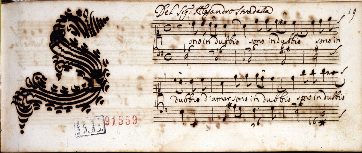 Jag tvivlar på kärlek ... handskrivna noter av Alessandro Stradella (1644 - 1682) italiensk kompositör. Estense bibliotek Modena av Alessandro Stradella