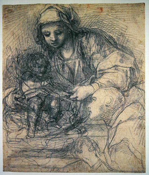 Madonnan och barnet med en kartusianermunk (svart krita över stylus på ljusblått papper) av Alessandro Tiarini