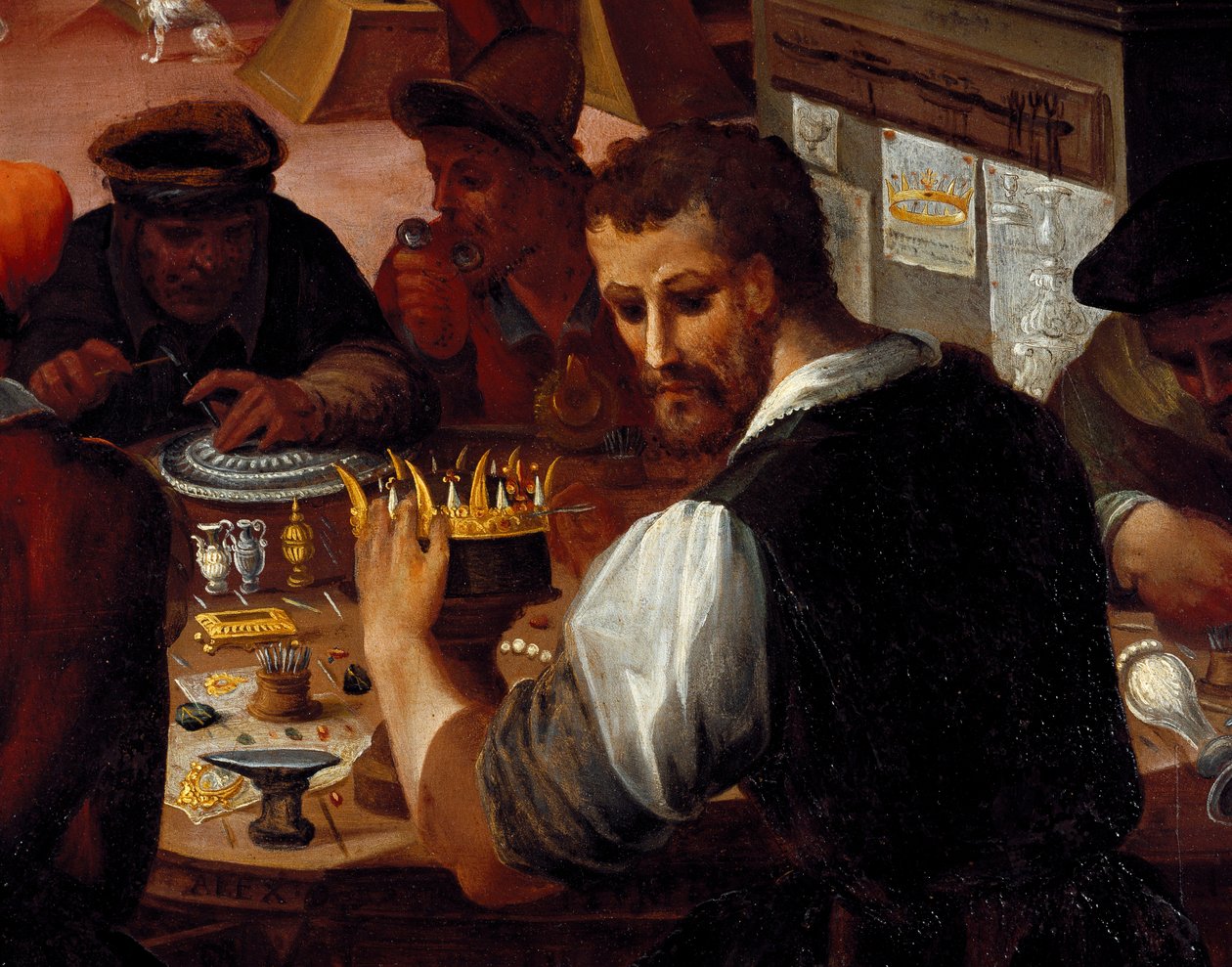 Guldsmedens verkstad. Detalj av metallarbetare (målning av Alessandro di Vincenzio Fei