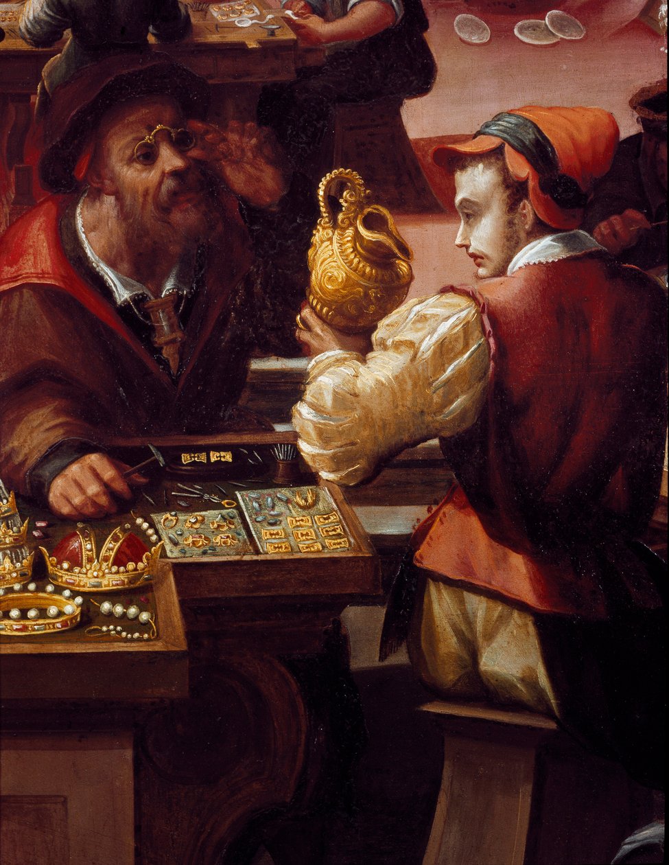 Guldsmedens verkstad Detalj av handeln med föremål, smycken. (Målning av Alessandro di Vincenzio Fei