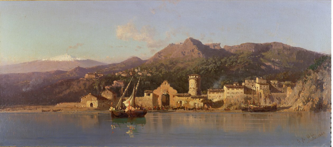 Utsikt över Taormina, Sicilien, med Etna i bakgrunden, 1868 av Alessandro la Volpe
