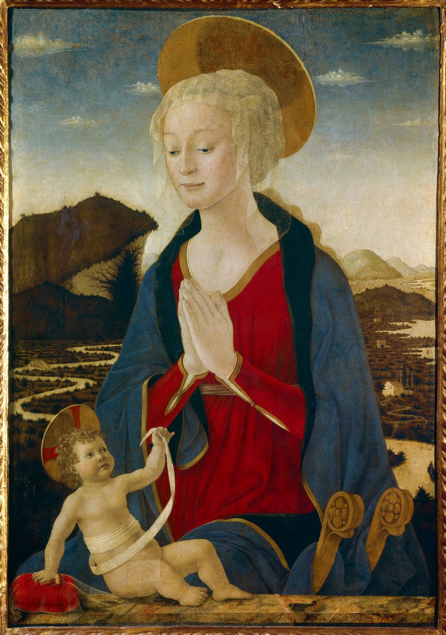 Jungfrun har barnet. Båda bär gyllene aureoler. Målning på trä av Alessio Baldovinetti (1425-1499) 1400-talet sön. 1,06x0,75 m av Alessio Baldovinetti